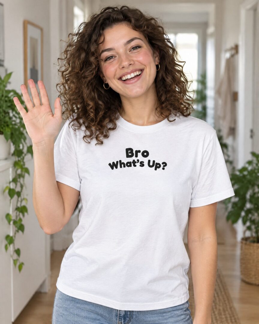 Model draagt het wite straattaal T-shirt Bro What’s Up?