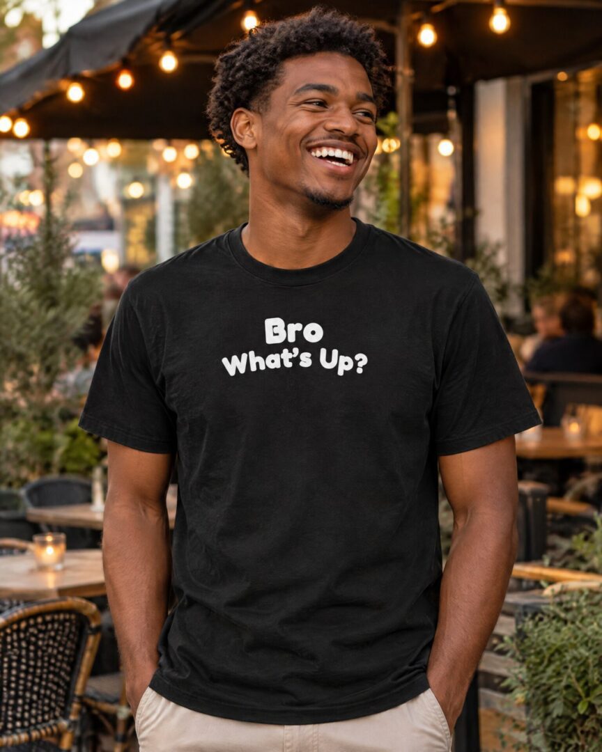Model draagt het zwarte straattaal T-shirt Bro What’s Up?