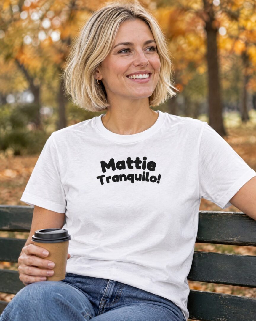 Model draagt het wite straattaal T-shirt Mattie Tranquilo!