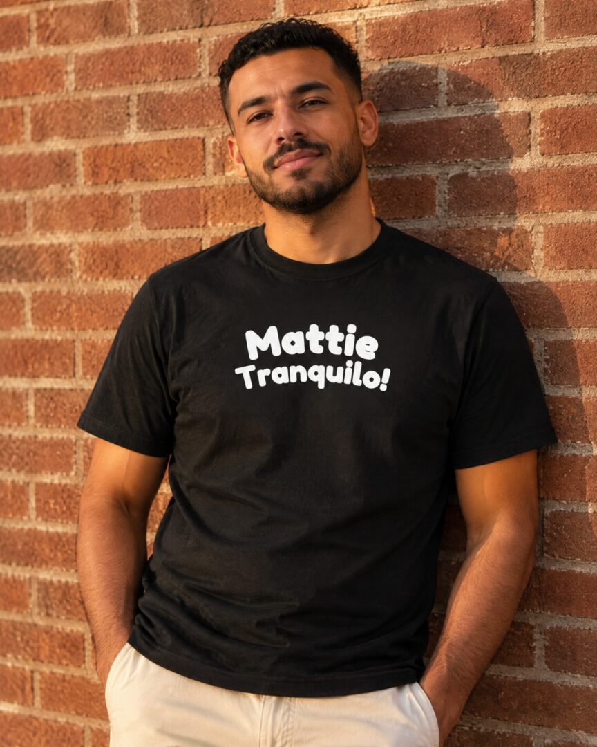 Model draagt het zwarte straattaal T-shirt Mattie Tranquilo!