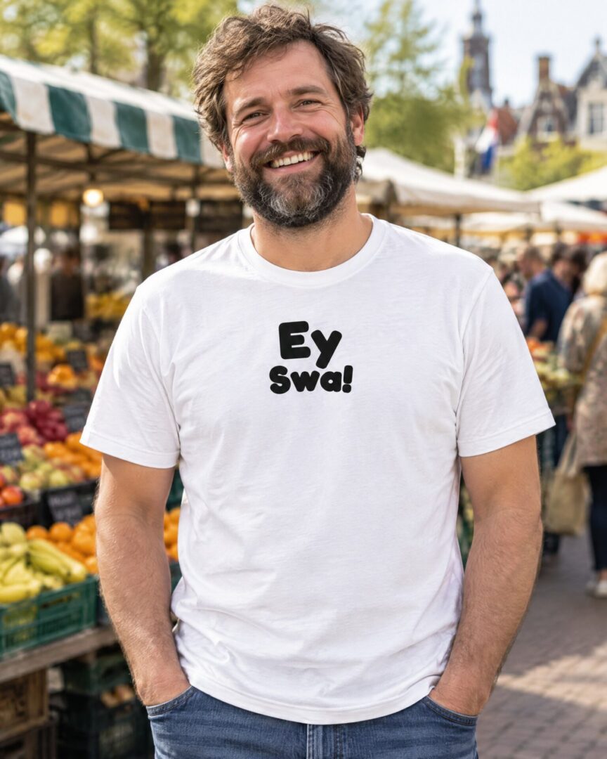 Model draagt het wite straattaal T-shirt Ey Swa!