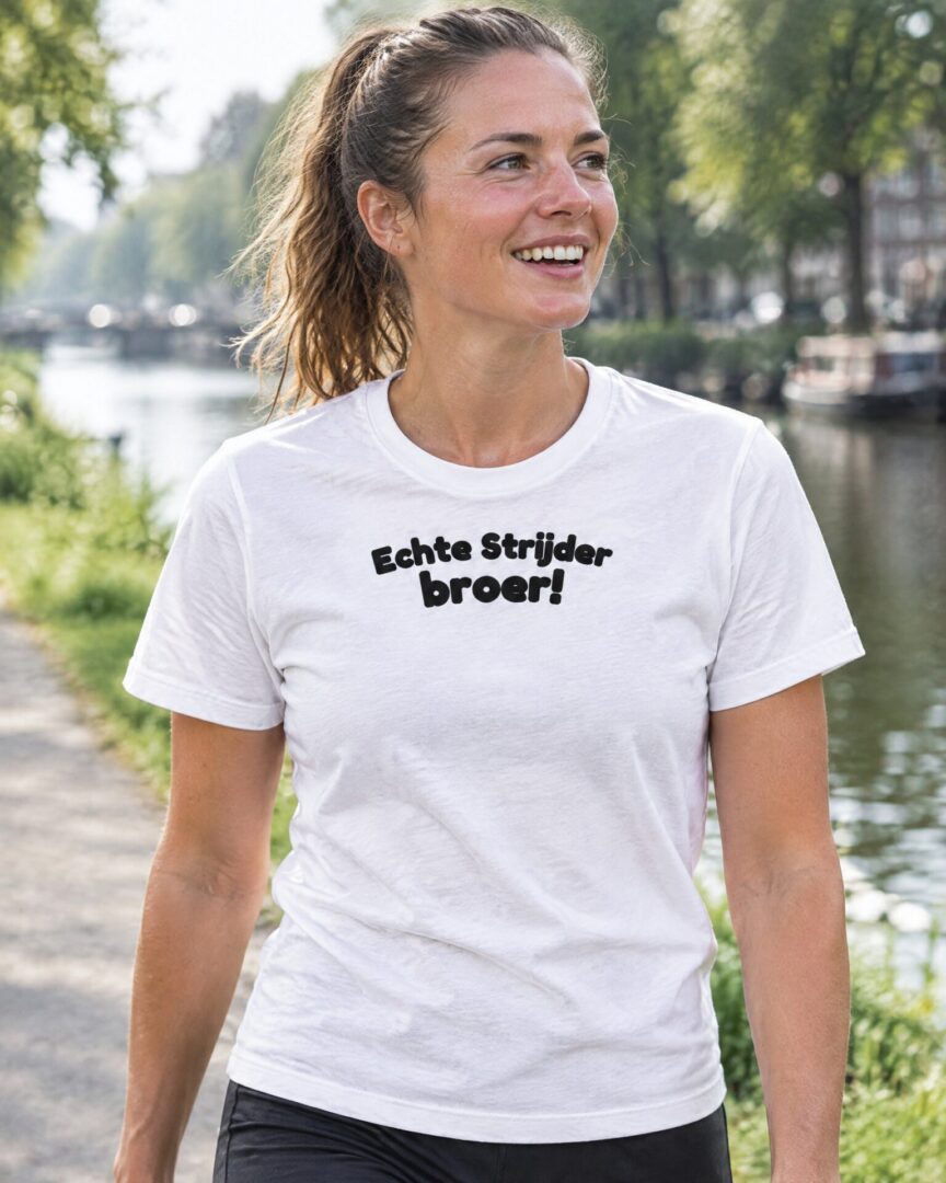 Model draagt het wite straattaal T-shirt Echte Strijder broer!