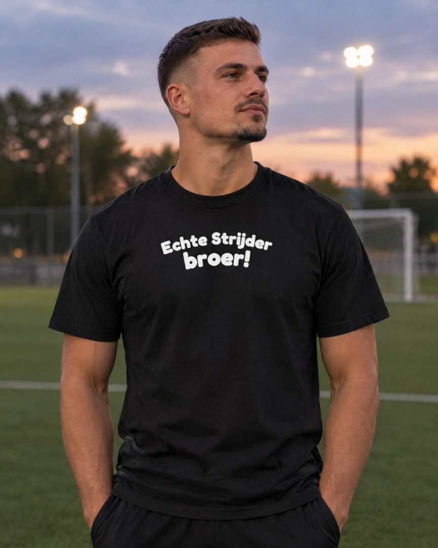 Model draagt het zwarte straattaal T-shirt Echte Strijder broer!