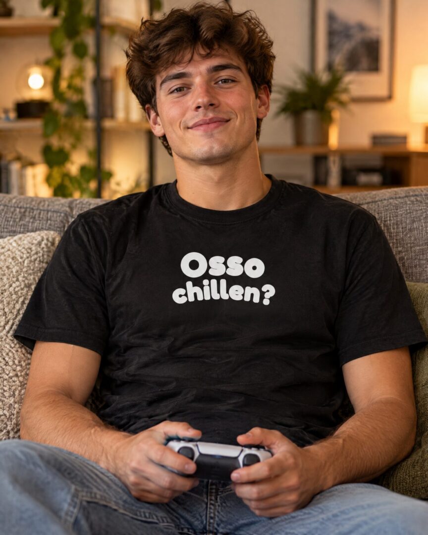 Model draagt het zwarte straattaal T-shirt Osso chillen?