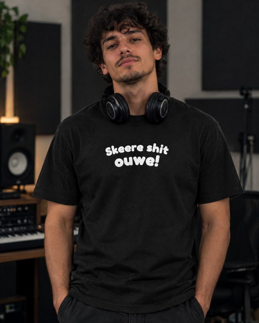 Model draagt het zwarte straattaal T-shirt Skeere shit ouwe!