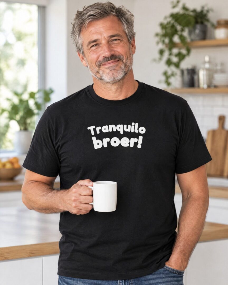 Model draagt het zwarte straattaal T-shirt Tranquilo broer!
