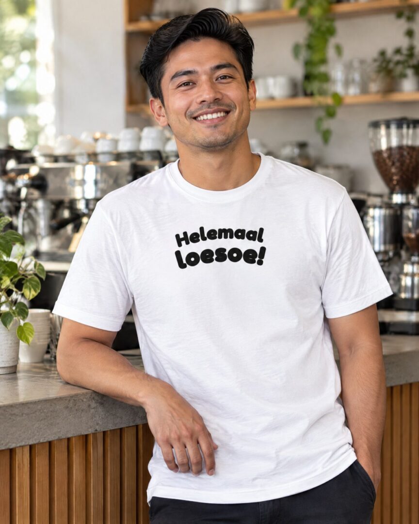 Model draagt het wite straattaal T-shirt Helemaal loesoe!