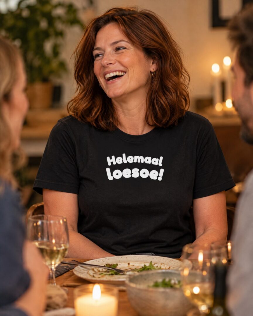 Model draagt het zwarte straattaal T-shirt Helemaal loesoe!