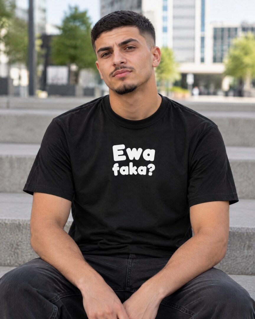 Model draagt het zwarte straattaal T-shirt Ewa faka?