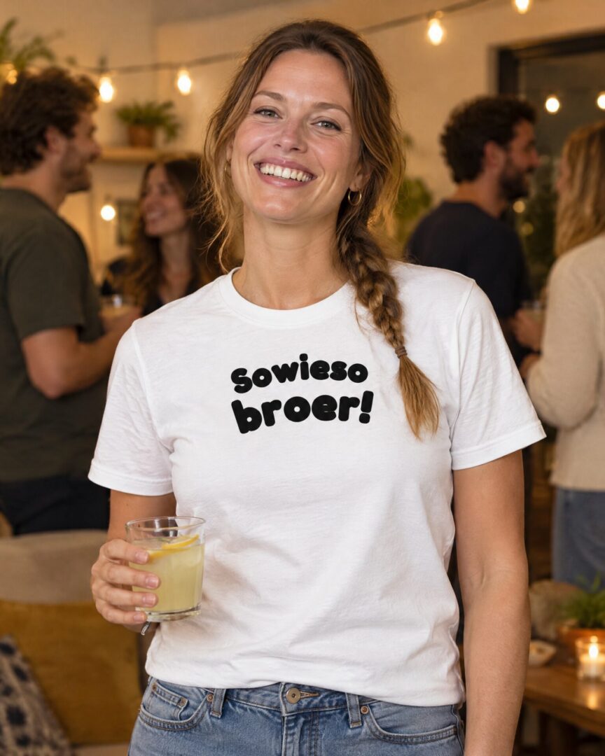Model draagt het wite straattaal T-shirt Sowieso broer!