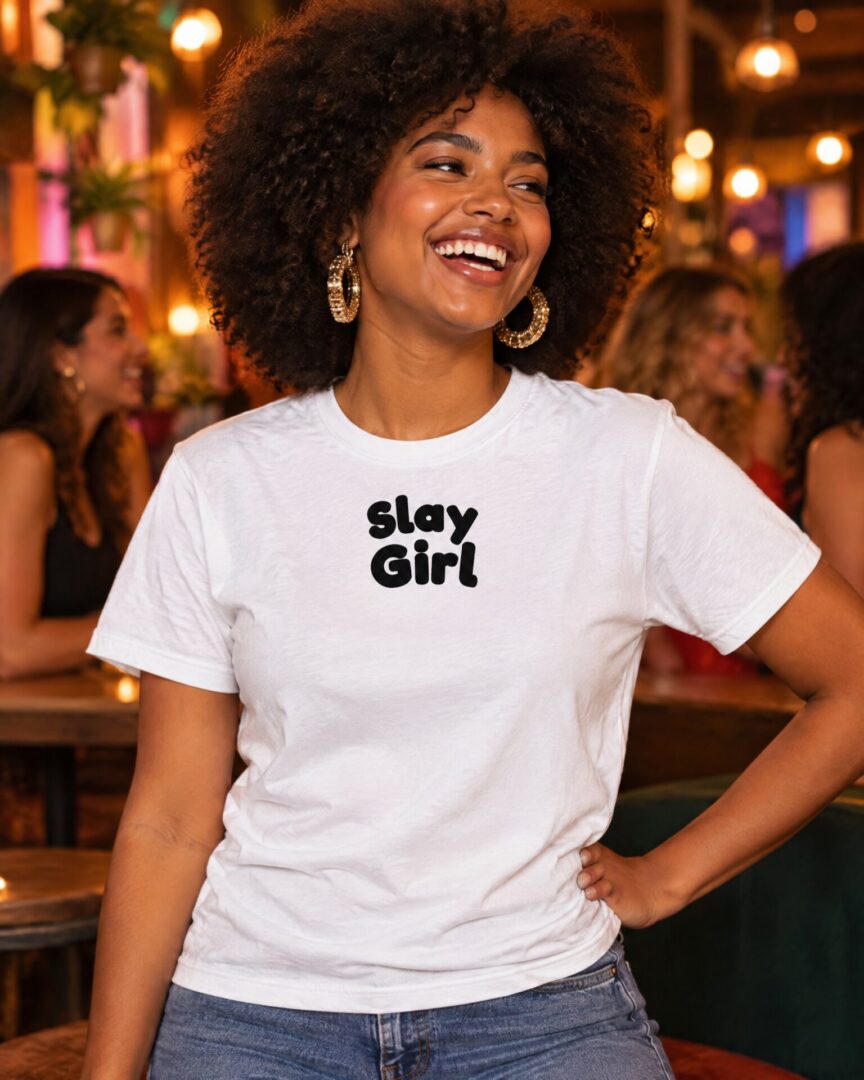 Vrouw draagt wit straattaal T-shirt met de tekst Slay Girl in zwarte letters