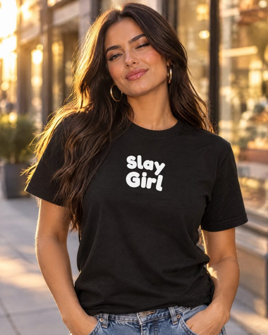 Vrouw draagt zwart straattaal T-shirt met de tekst Slay Girl in witte letters