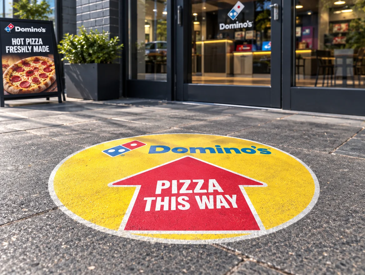 Asfaltsticker op de stoep, ontwerp voor Domino's