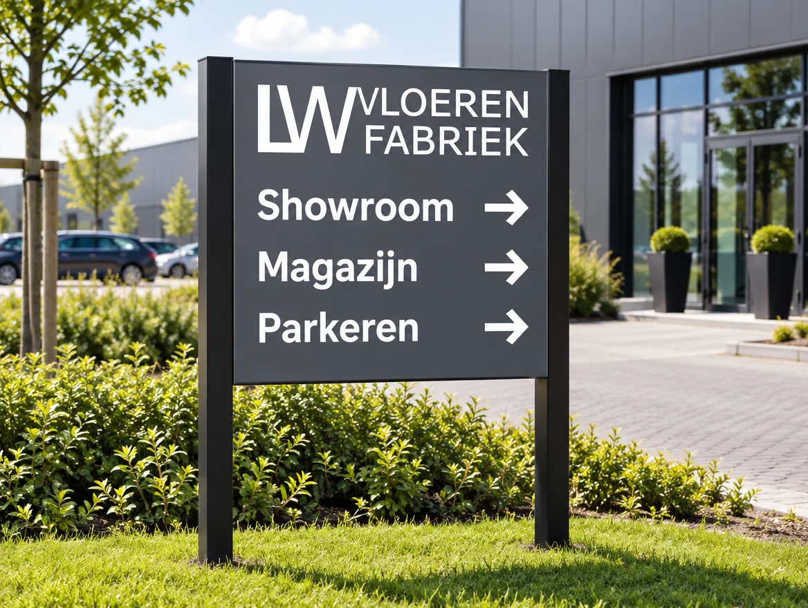 Toepassingsvoorbeeld: bewegwijzeringsbord op een bedrijventerrein, met logo van LW Vloeren Fabriek