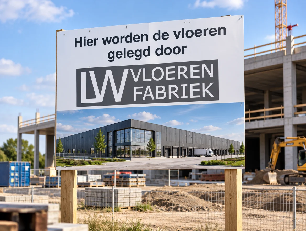 Toepassingsvoorbeeld: bouwbord bij een bouwproject, met logo van LW Vloeren Fabriek