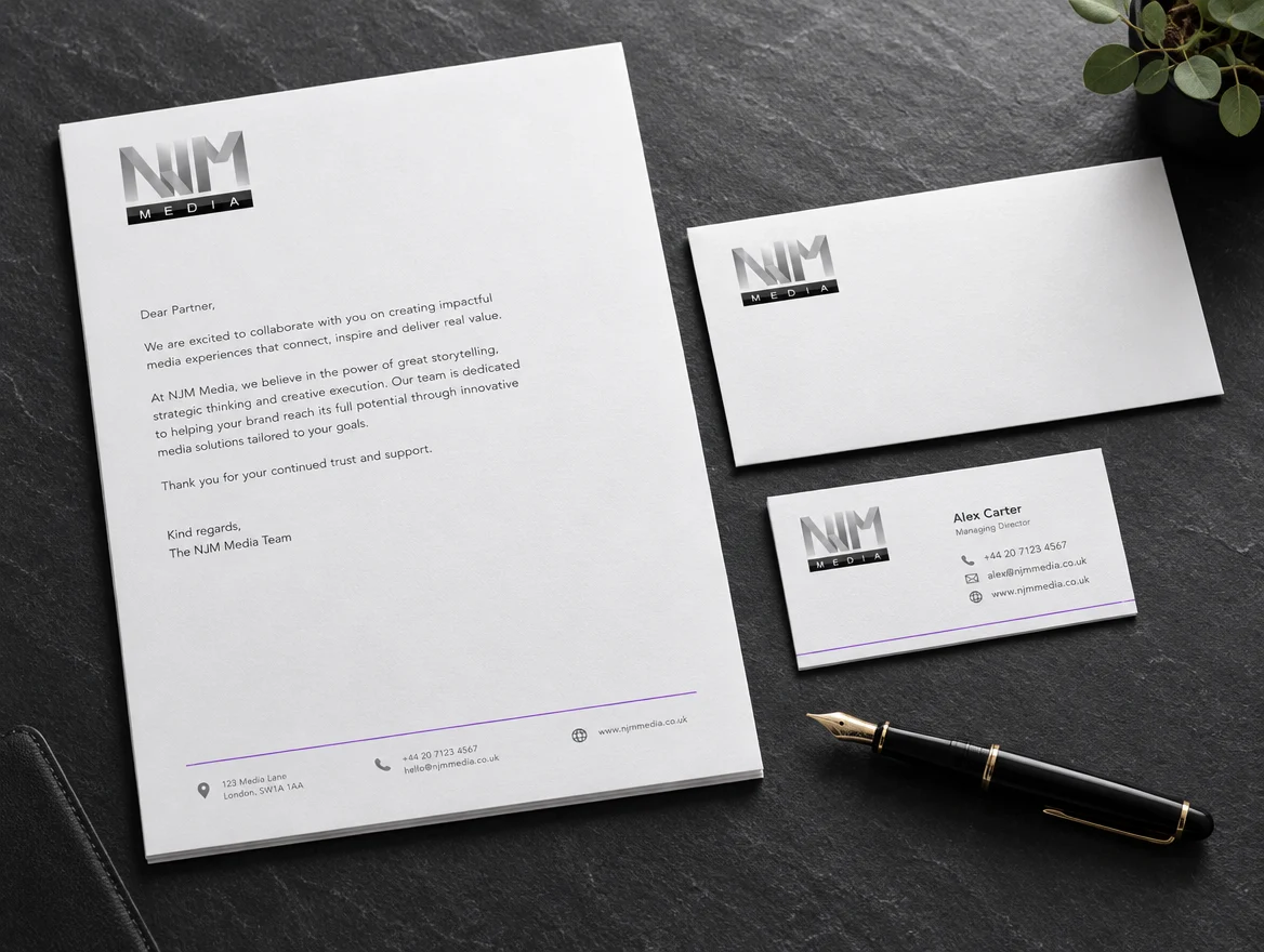Toepassingsvoorbeeld: briefpapier, envelop en visitekaartje van NJM Media