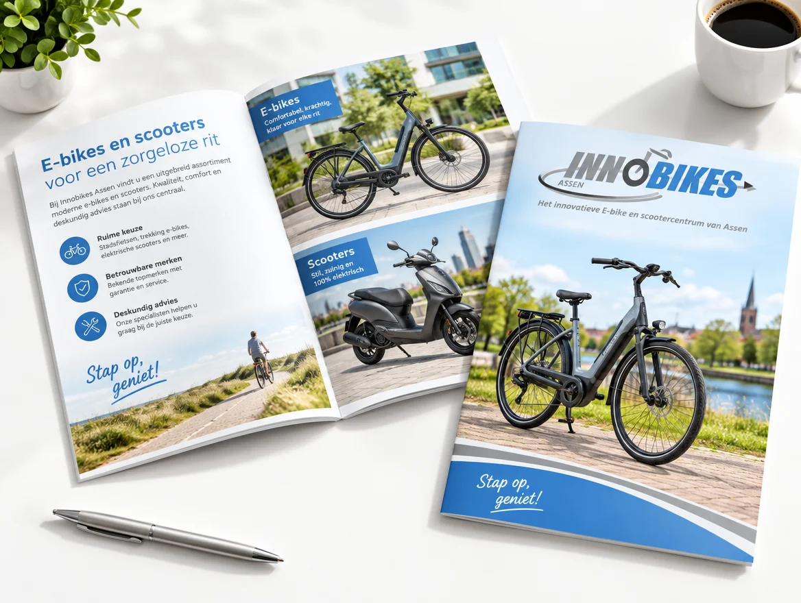 Toepassingsvoorbeeld: brochures open en dicht, met logo van Innobikes Assen