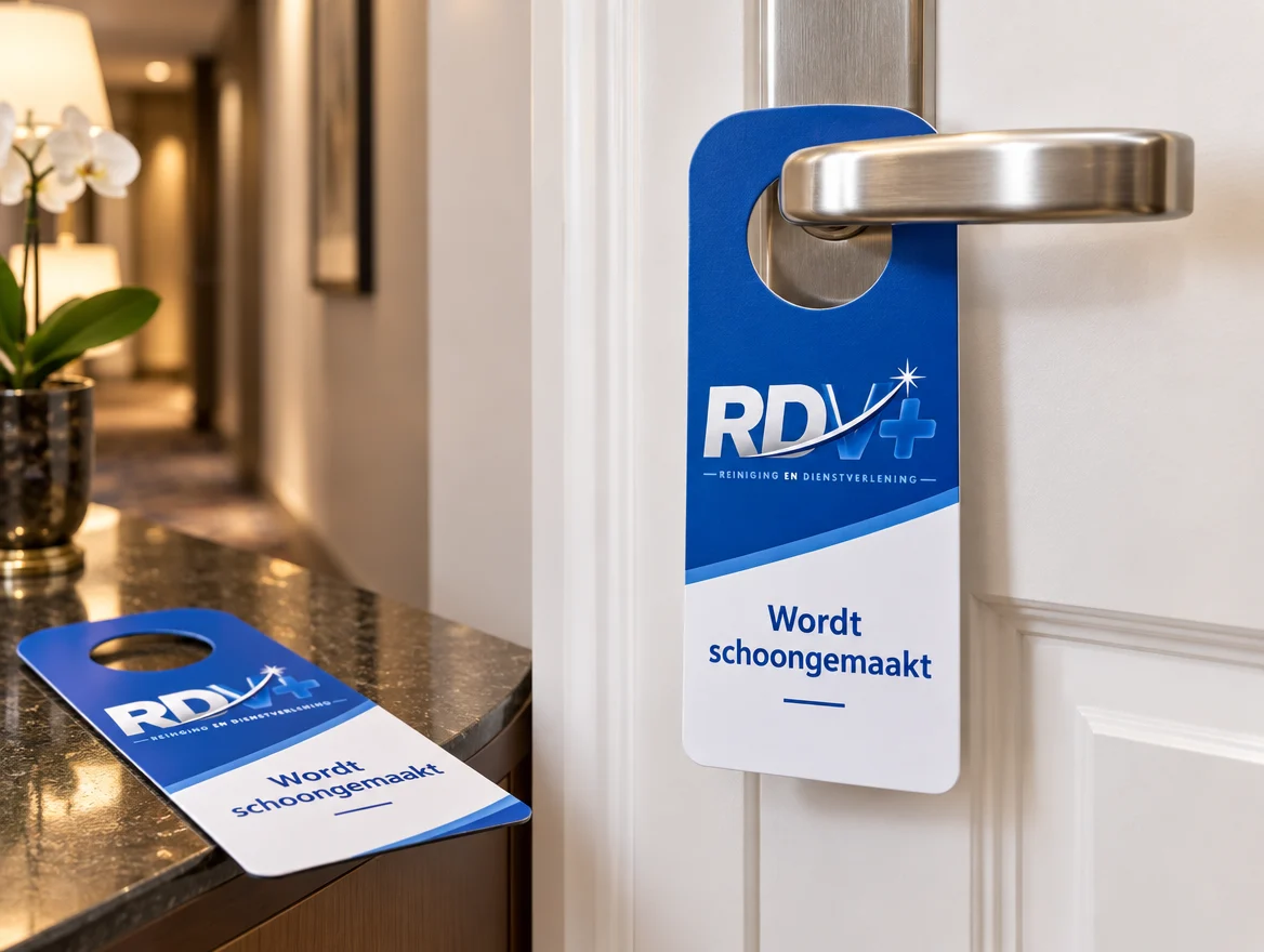 Toepassingsvoorbeeld: deurhanger aan een hoteldeur, met logo van RDV+