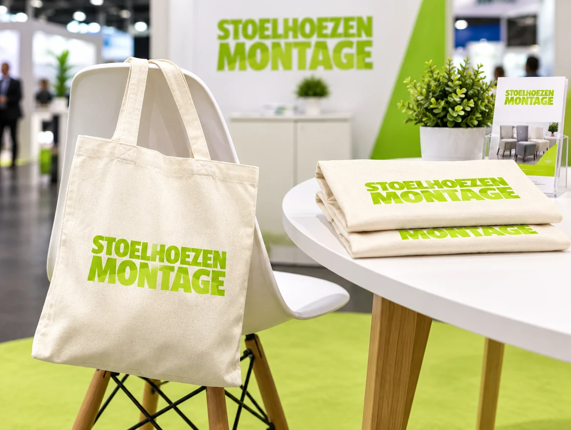 Bedrukte draagtassen op een beursstand, ontwerp voor Stoelhoezenmontage