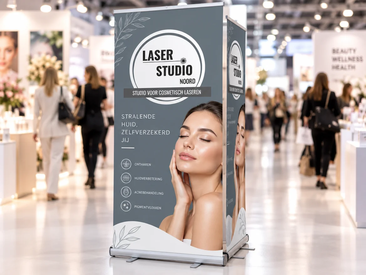 Dubbelzijdige roll-up op een beurs, ontwerp voor Laser Studio Noord