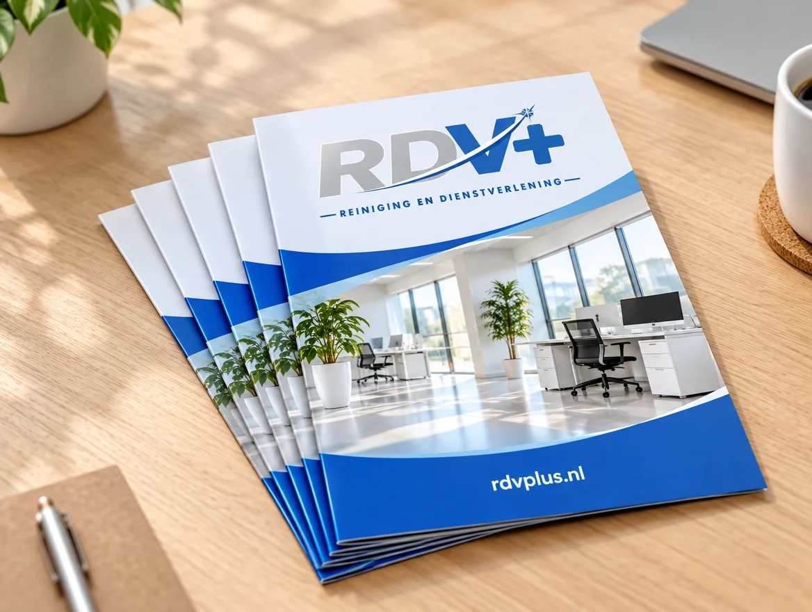 Toepassingsvoorbeeld: stapel A5 flyers, met logo van RDV+ Reiniging en dienstverlening
