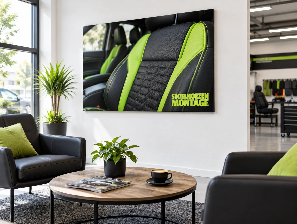 Canvas aan de wand van een wachtruimte, ontwerp voor Stoelhoezenmontage