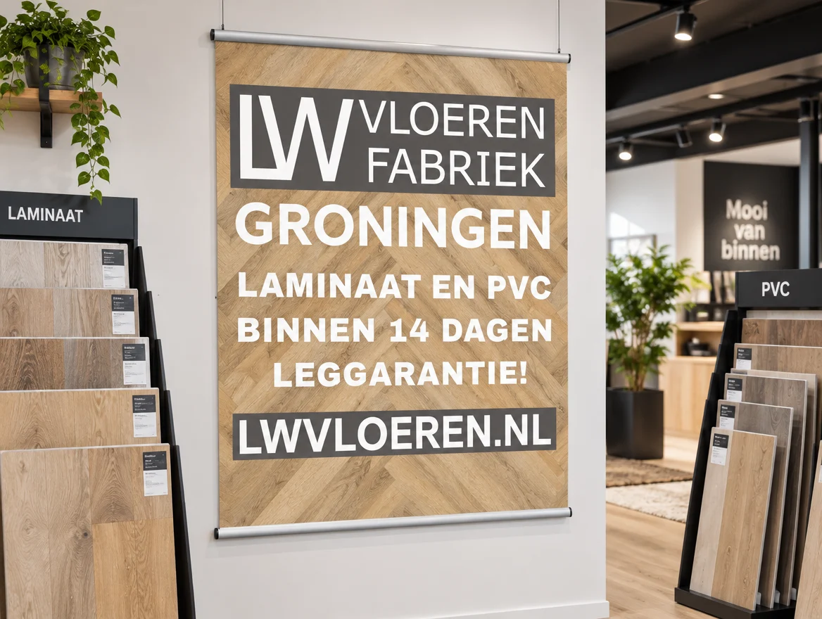 Toepassingsvoorbeeld: grote poster in een showroom, met logo van LW Vloeren Fabriek