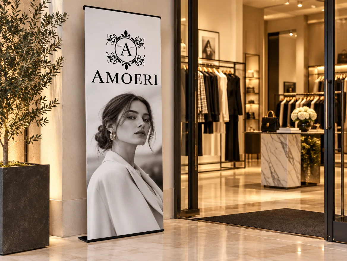 L-banner bij een winkelentree, ontwerp voor AMOERI