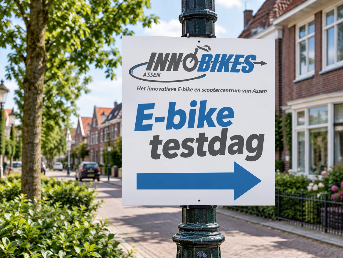 Toepassingsvoorbeeld: lantaarnpaalbord voor een testdag, met logo van Innobikes Assen