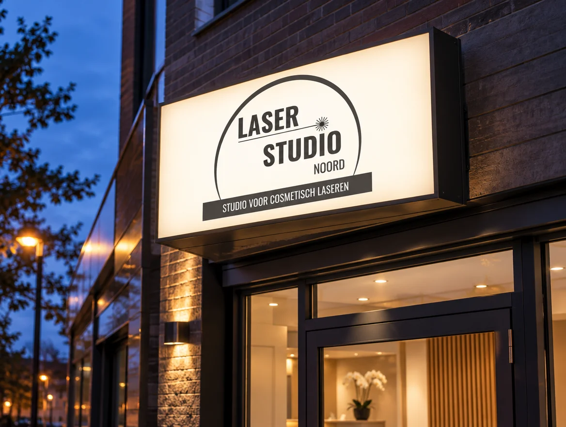 Toepassingsvoorbeeld: lichtbak boven een entree, met logo van Laser Studio Noord