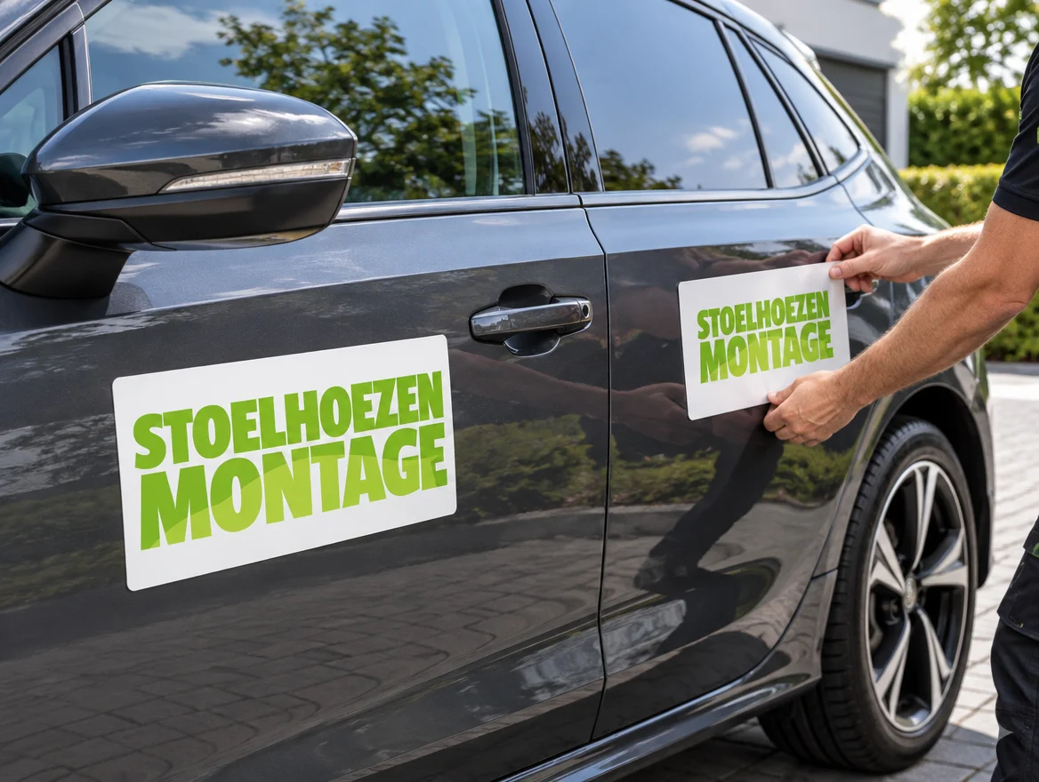 Magneetstickers op een autoportier, ontwerp voor Stoelhoezenmontage
