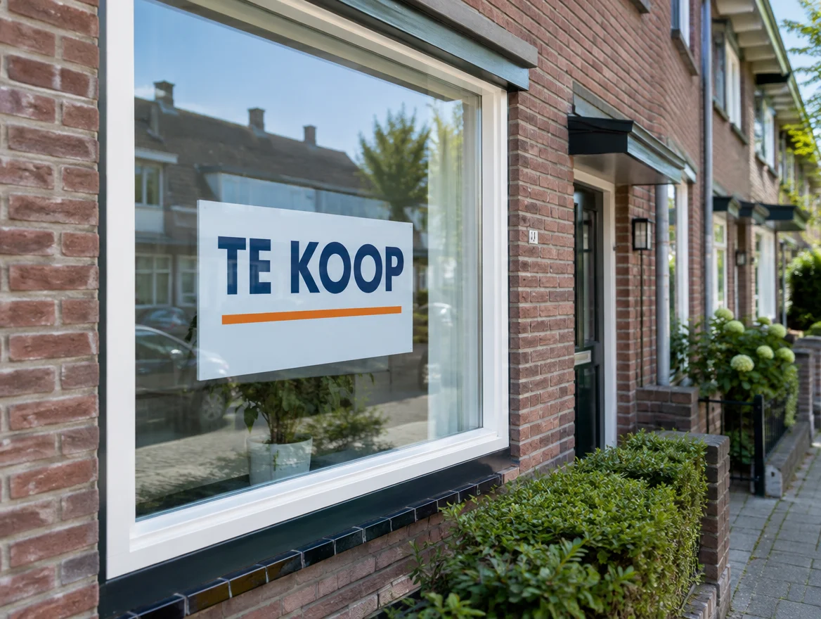Makelaarsbord Te koop achter het raam van een woning