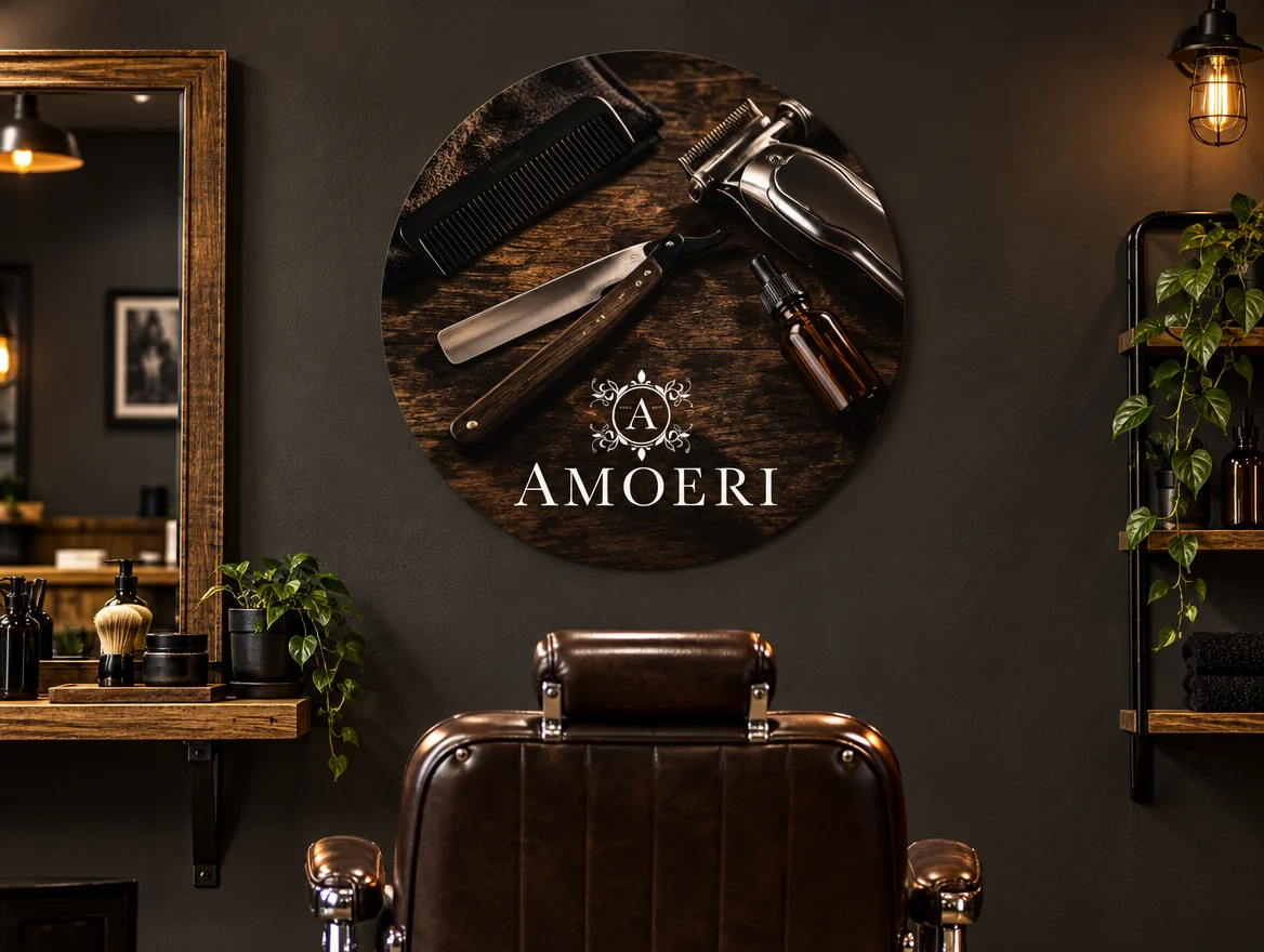 Toepassingsvoorbeeld: muurcirkel in een barbershop, met logo van AMOERI