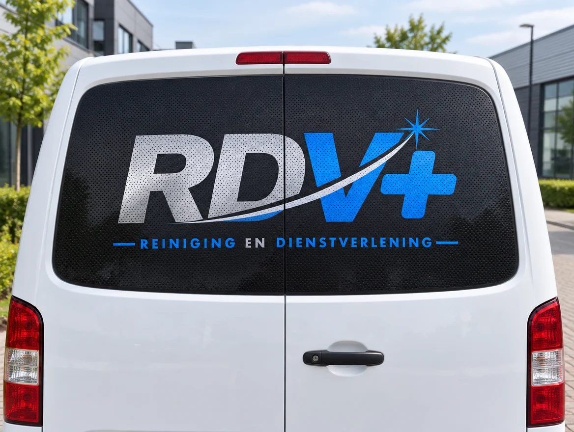 Toepassingsvoorbeeld: One Way Vision raamfolie op de achterruiten van een bus, met logo van RDV+