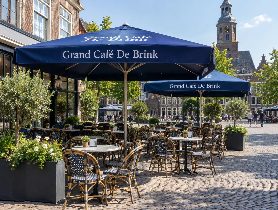 Toepassingsvoorbeeld: parasols met print op een terras van een fictief grand café