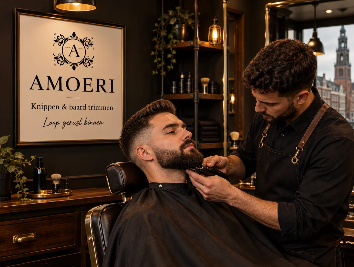 Toepassingsvoorbeeld: poster in een barbershop, met logo van AMOERI