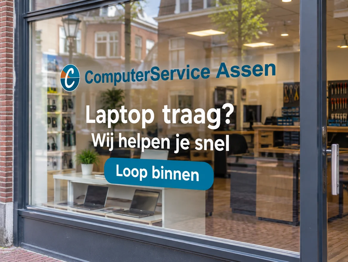 Toepassingsvoorbeeld: raamsticker zonder lijm op een etalageruit, met logo van ComputerService Assen