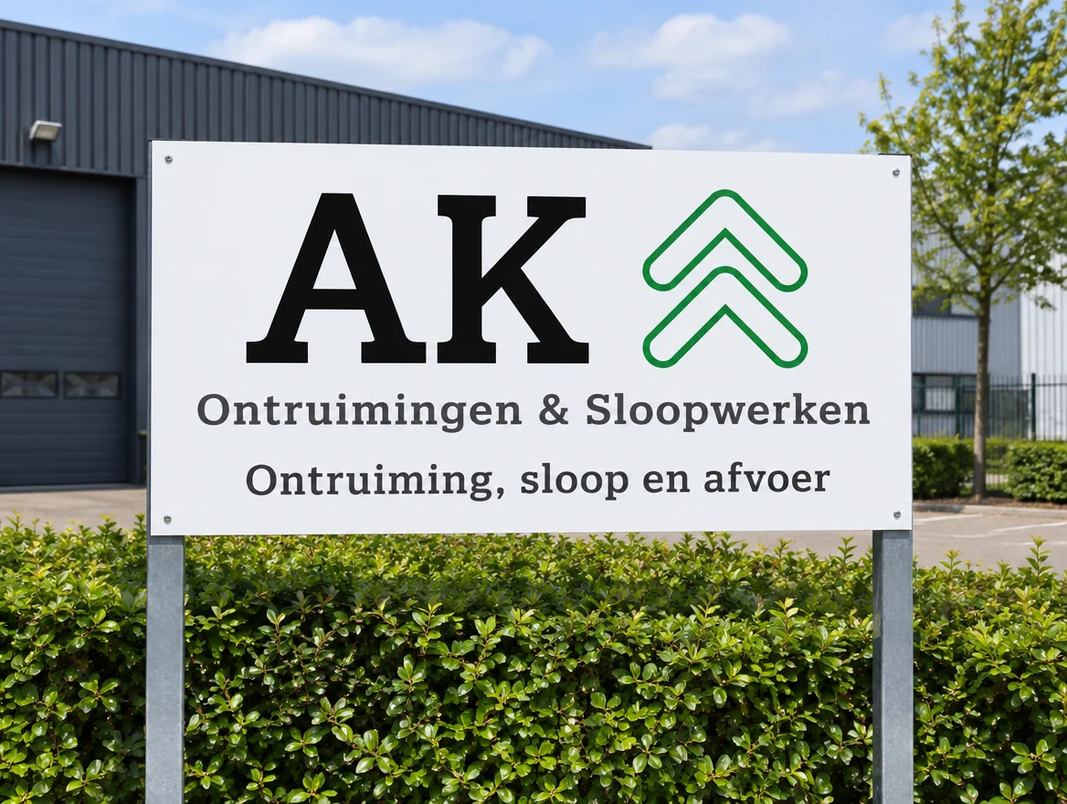 Toepassingsvoorbeeld: reclamebord op palen, met logo van AK Ontruimingen & Sloopwerken