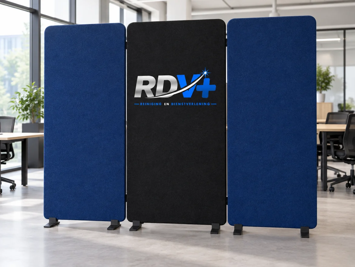Toepassingsvoorbeeld: akoestische roomdivider in een kantoor, met logo van RDV+