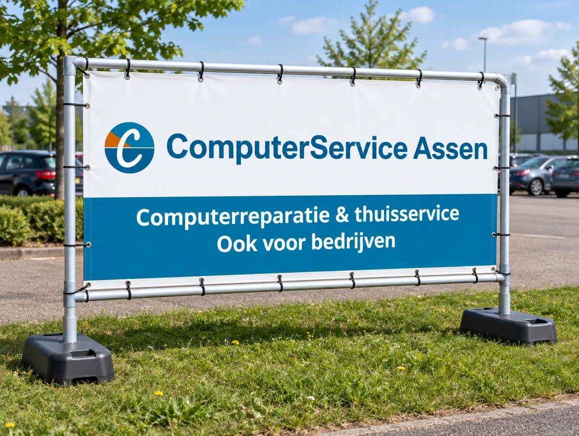 Toepassingsvoorbeeld: vrijstaand spandoekframe, met logo van ComputerService Assen
