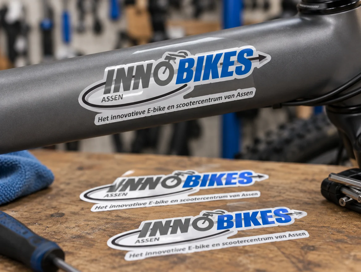 Toepassingsvoorbeeld: sticker met contoursnede op een fietsframe, met logo van Innobikes