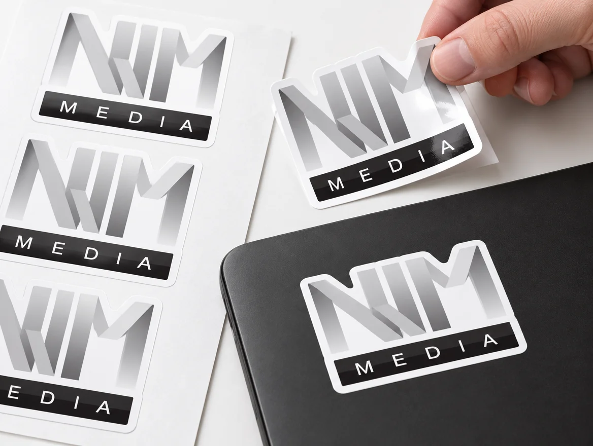 Toepassingsvoorbeeld: stickers op maat met contoursnede, met logo van NJM Media