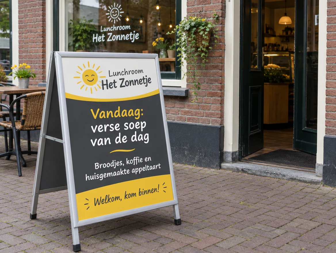 Toepassingsvoorbeeld: stoepbord met poster voor een fictieve lunchroom