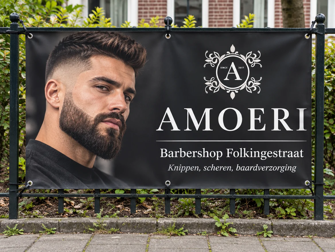 Toepassingsvoorbeeld: tuinposter aan een hek, met logo van AMOERI barbershop
