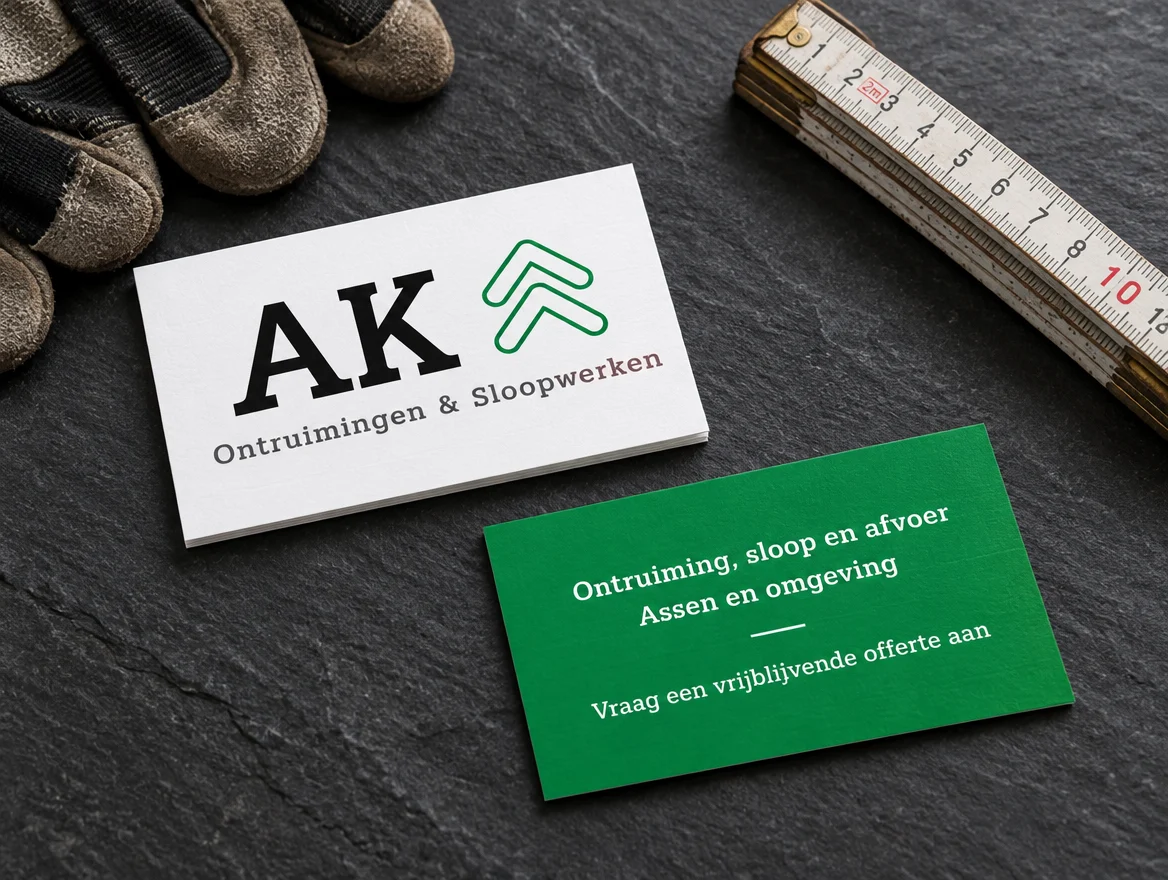 Toepassingsvoorbeeld: visitekaartjes voor- en achterkant, met logo van AK Ontruimingen & Sloopwerken