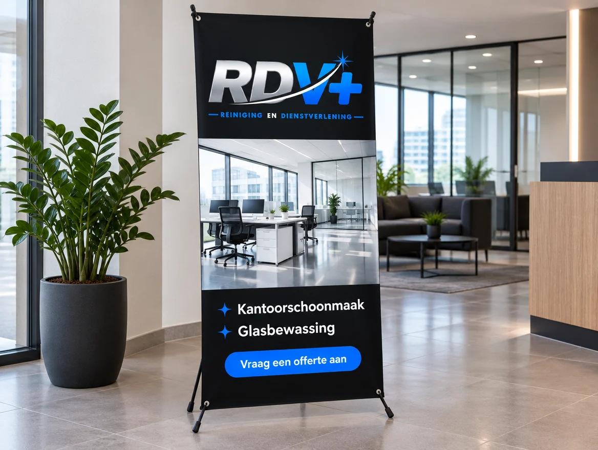 Toepassingsvoorbeeld: X-banner in een kantoorentree, met logo van RDV+
