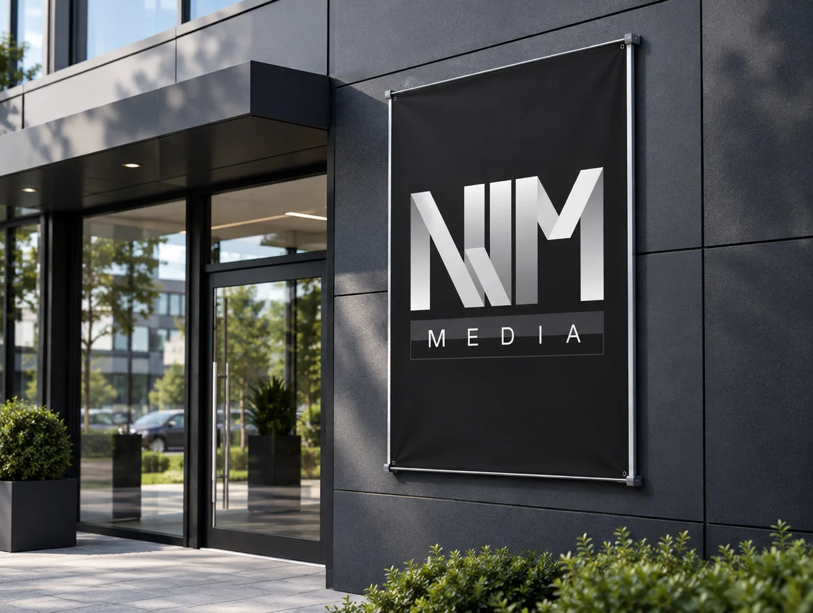Toepassingsvoorbeeld: outdoor textielframe aan een gevel met NJM Media-logo