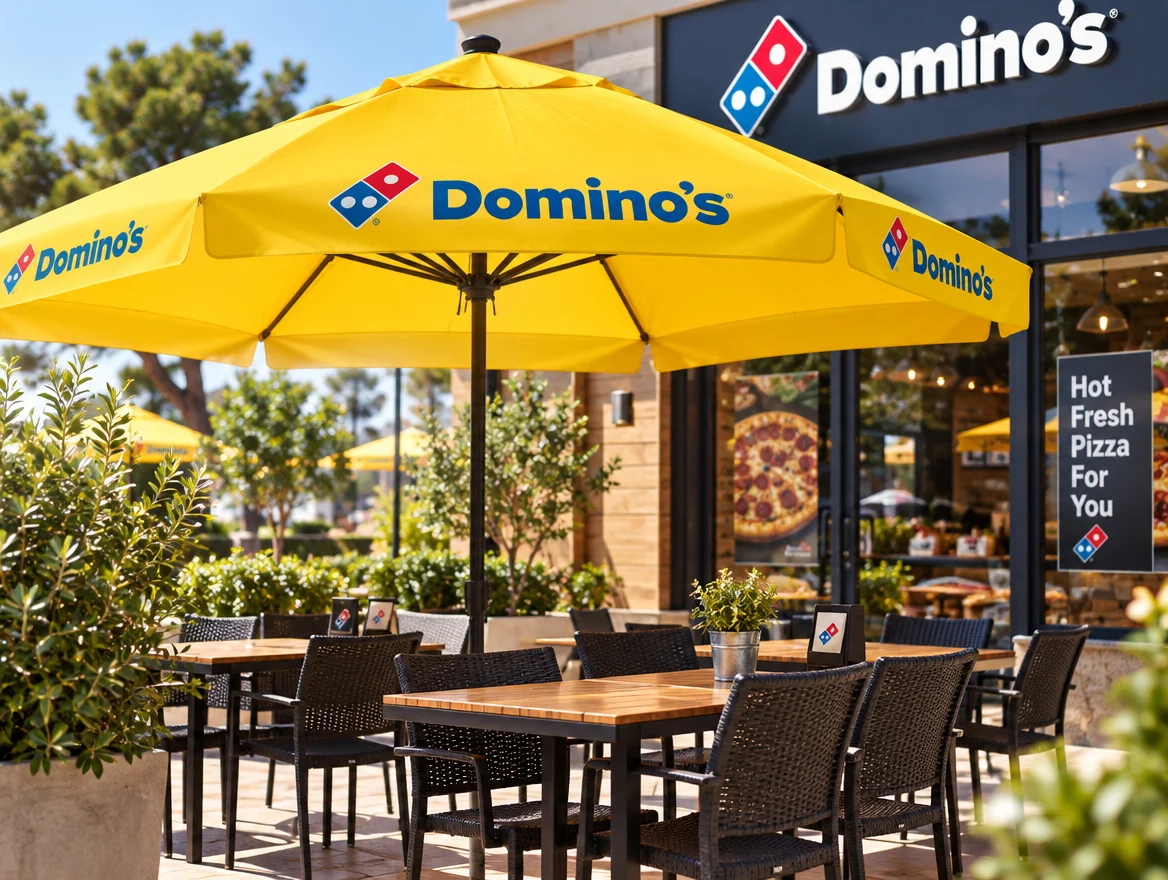 Parasol met print op een terras, ontwerp voor Domino's