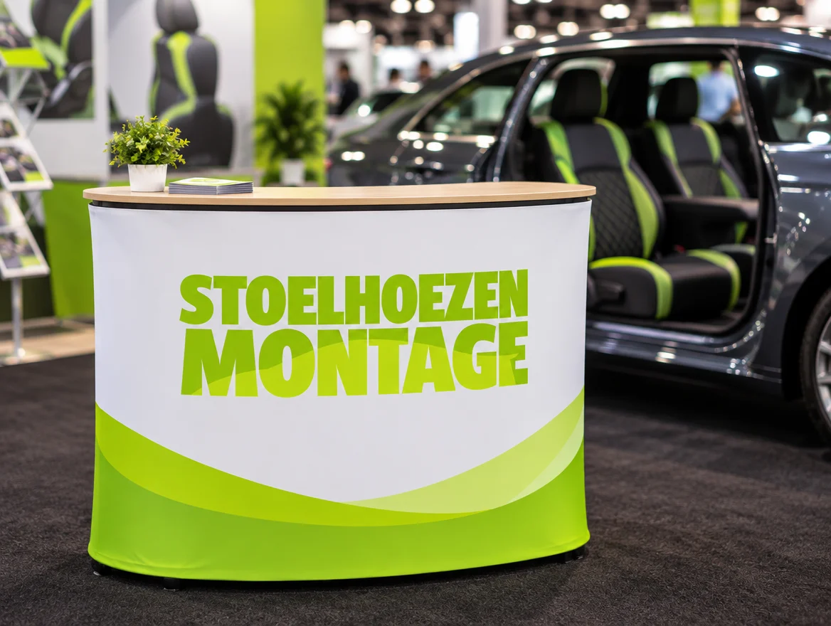 Pop-up balie op een autobeurs, ontwerp voor Stoelhoezenmontage