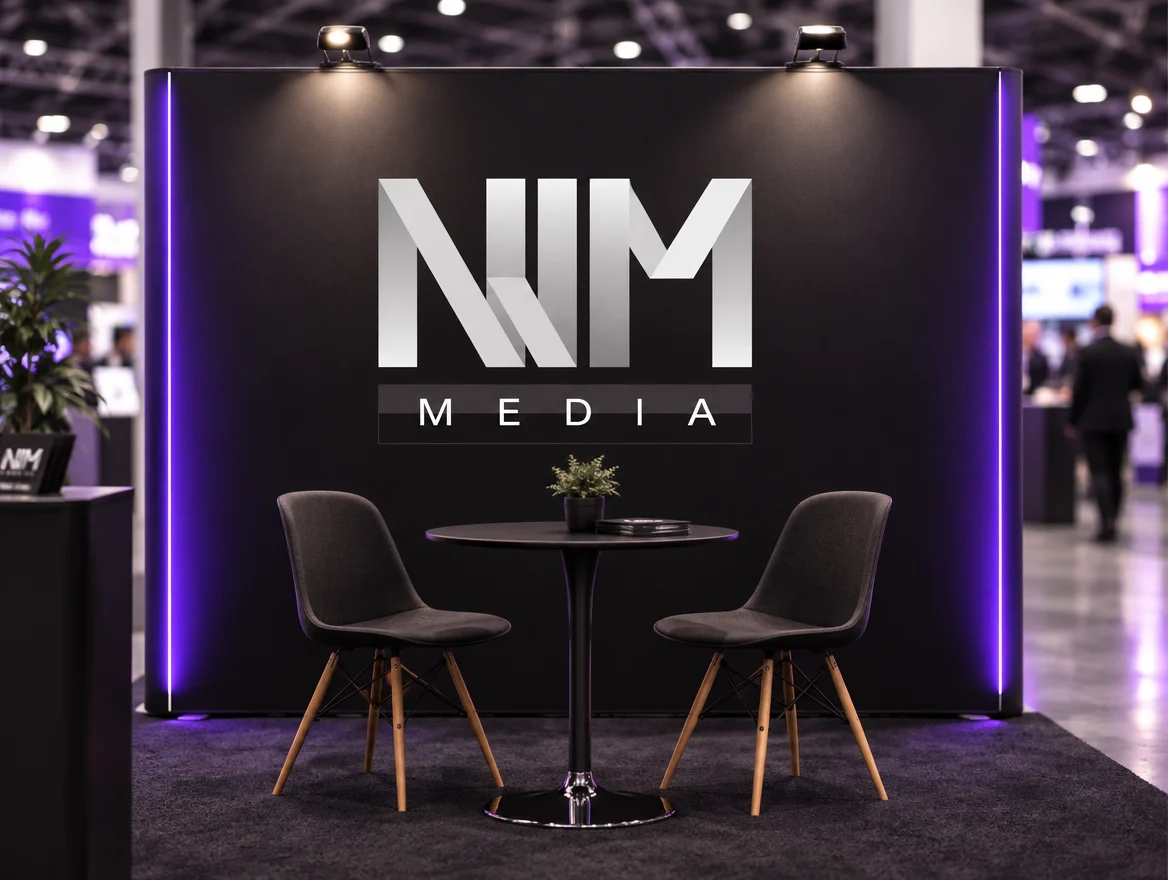 Rechte pop-up wand op een beursstand met NJM Media-logo
